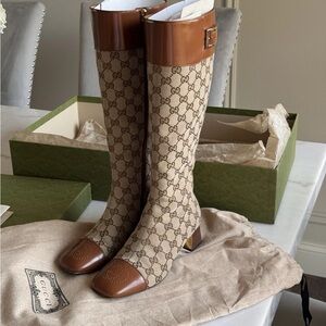 GUCCI GG Canvas Brown Beige Knee High Boots - Size 36.5